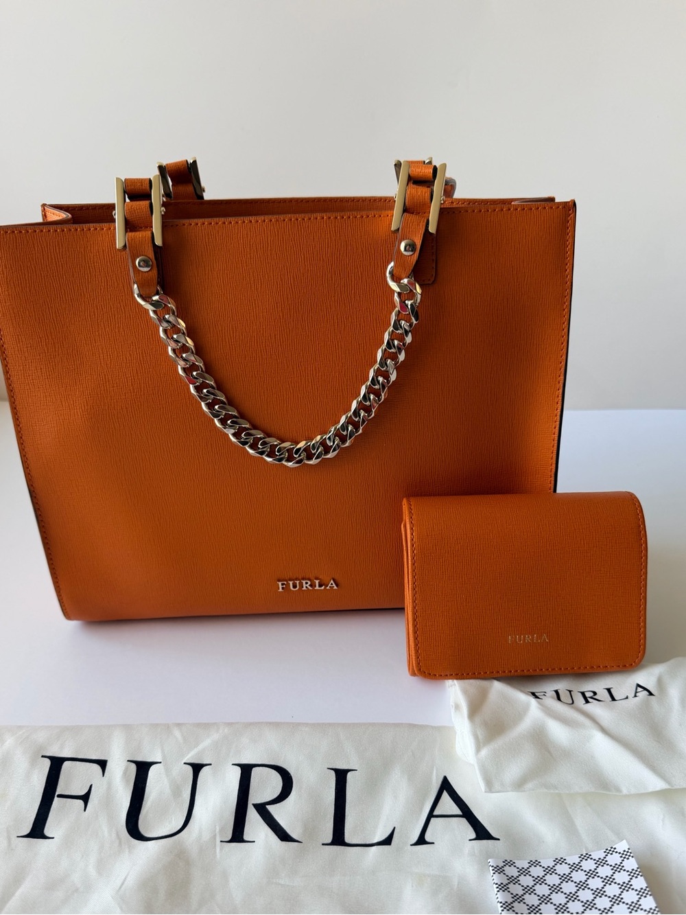 Furla Orange Leather Tote with Chain Accent and Matching Wallet